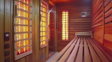 un Disparo de el infrarrojo lamparas instalado en el sauna como el vlogger explica cómo ellos Produce amable calor esa es seguro para el cuerpo. foto