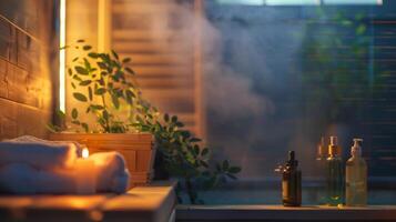 un interior Disparo de un sauna con calmante música jugando en el antecedentes y un consolador aroma de esencial aceites relleno el aire. foto
