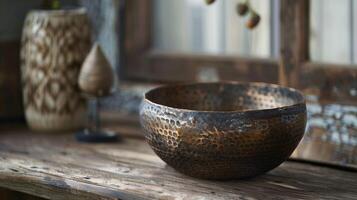 An angled view of a ceramic pot with a hammered metal finish bringing an element of rustic charm to the piece. photo