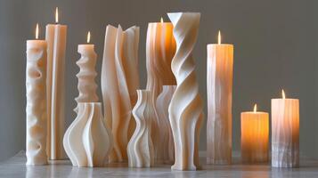 With varying heights and sizes this sculptural candle arrangement adds dimension and interest to an otherwise plain space. 2d flat cartoon photo