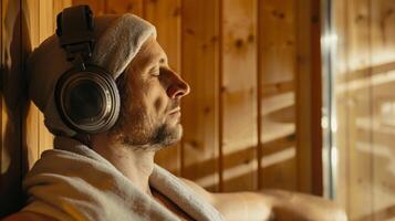 A man with a towel around his waist leaning against the back of the sauna with headphones on and a serene expression on his face as he listens to a guided relaxation audio. photo