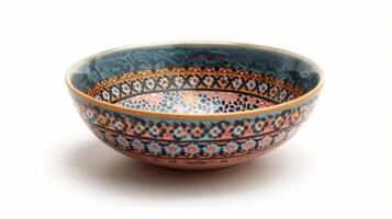 A patterned ceramic bowl with intricate designs showcasing the artists skill in combining multiple colors into a cohesive and eyecatching piece. photo