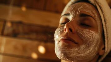 A woman carefully applies a natural facial mask while in a sauna taking advantage of the heat to open up her pores and deeply cleanse her skin. photo