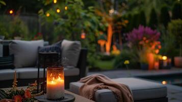 The warmth of the fire from the candle casts a cozy glow over the entire outdoor space creating a welcoming ambiance. 2d flat cartoon photo
