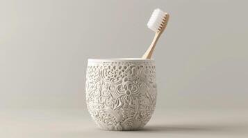 Blank mockup of a decorative toothbrush holder with intricate patterns and designs. photo