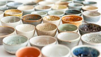 Rows of tiny handcrafted bowls lined up on a white background showcasing the artists attention to detail and skill. photo