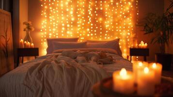 The candle wall is the centerpiece of a romantic bedroom casting a warm and intimate glow throughout the space. 2d flat cartoon photo