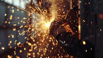 chispas mosca como un trabajador soldaduras un metal firmar sobre un edificio agregando un final personalizado toque a el construcción proyecto foto