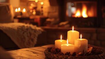 Soft candlelight flickers from a small fireplace adding warmth and ambiance to the room. 2d flat cartoon photo