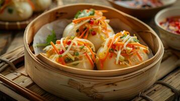 A vibrant papaya salad adds a refreshing tropical twist to the traditional steamed buns photo