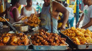 Inside a bustling openair market the food critics sample a variety of street food including fried plantains jerk chicken and conch fritters. They discuss the authenticity and ines photo