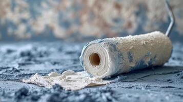 A used paint roller lying on a drop cloth hinting at the hard work and dedication it takes to transform a space through a fresh coat of paint photo