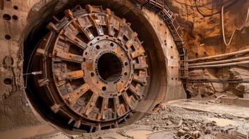 un túnel aburrido máquina con sus gigante hilado perforar cabezas despacio tallado fuera el camino para el subterraneo túnel foto
