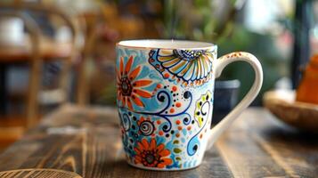 A mug with a bold and colorful decal showcasing a unique design transferred onto the surface of the ceramic. photo