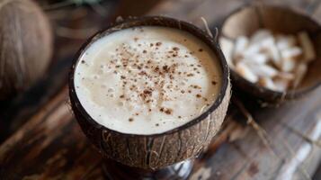 A creamy and indulgent cocktail made with coconut milk and local ed rum served in a coconut shell with a sprinkle of nutmeg photo