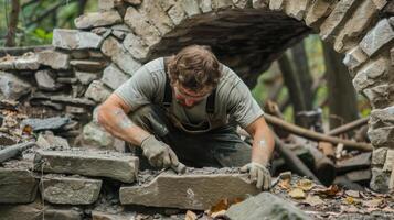 A mason skillfully repairs a crumbling stone archway preserving the historical grandeur of the structure photo