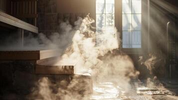 The steam rising from the sauna rocks providing a comforting and cleansing sensation and aiding in relieving muscle soreness. photo