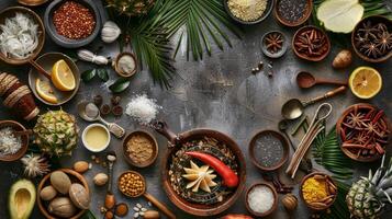 A topdown shot of a table full of various tropical ingredients and utensils arranged in an organized and aesthetically pleasing way photo