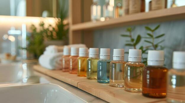 A minimalist bathroom counter displaying a collection of colorful essential oils ready to be mixed and matched for a rejuvenating bath experience photo