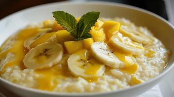 A dish of creamy coconut rice pudding topped with sliced bananas and a drizzle of mango puree photo