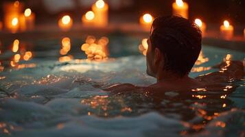 A man soaking in a hot tub surrounded by candles and using the warm water to soothe sore muscles photo