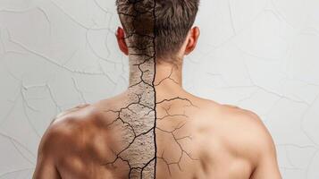 An illustration of a mans back one side showing dry and flaky skin while the other displays healthy and nourished skin transformed by skin rejuvenation therapy. photo