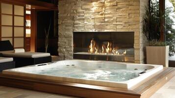 A modern take on the traditional fireplace the spas centerpiece features clean geometric lines and a mesmerizing fire dance. 2d flat cartoon photo