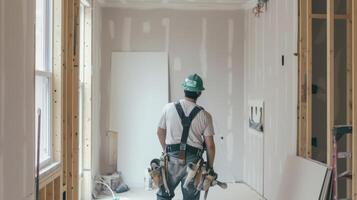 Working efficiently and with precision the drywall installers expertly install new panels and flawlessly blend them into existing walls for a seamless finish in a home offic photo