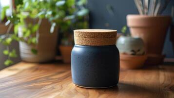 A ceramic e jar with a cork lid and a chalk label allowing you to customize and change the label as needed. This jar is perfect for those who like to experiment with different e blends. photo