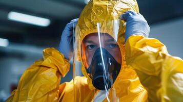 A worker donning a fullbody protective suit complete with a hood and elastic cuffs before entering a hazardous area photo