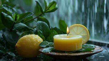 The peaceful sound of rain outside while a citrus scented candle fills the air with the refreshing scent of lemon and mint photo