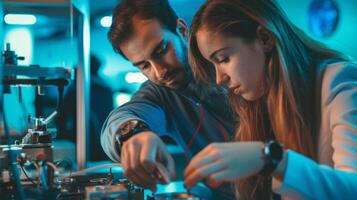 el instructor cuidadosamente estrella de guía un estudiantes manos demostrando el preciso movimientos necesario a montar un reloj foto