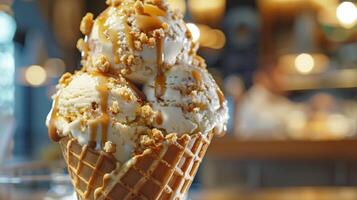 un cerca arriba de un gofre cono desbordante con cucharadas de artesanal hielo crema rociado con caramelo salsa y rociado con aplastada nueces foto