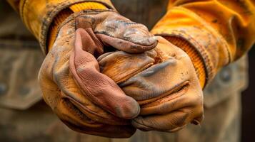 un construcción trabajadores mano firmemente agarre un grueso protector par de cuero trabajo guantes foto