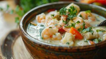A fragrant bowl of coconut and lerass seafood broth filled with tender chunks of fish shrimp and vegetables photo