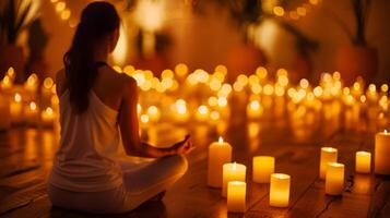 Each yoga pose bathed in the warm light of the candles creating a serene and introspective experience. 2d flat cartoon photo