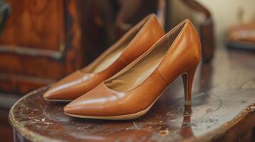 A pair of classic pumps made with genuine leather and featuring a delicate heel bring a touch of class to any look and were found nestled a the thrift store shoe section photo