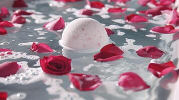 A bathtub filled with warm water and rose petals ready for a deliciously scented bath bomb to be dropped in photo