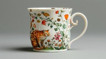 A mug decorated with a playful underglaze illustration of a cat hiding ast a field of flowers. photo