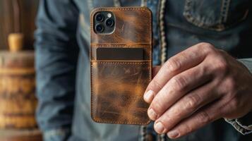 Creativity and functionality merge as a man transforms a piece of distressed leather into a custom phone case complete with a builtin card slot photo