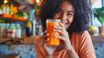 un mujer participación arriba un vaso de vibrante naranja líquido un combinación de zanahorias naranjas y jengibre con un brillante sonrisa en su cara foto