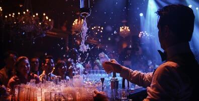 The audience is amazed and applauds as the magician pours a seemingly endless stream of mocktails from a single bottle in a neverending fountain of drinks photo