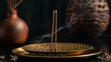 An intricately designed brass incense holder with a mix of traditional and modern elements perfect for displaying and burning your favorite incense sticks photo