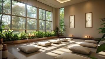 A peaceful and serene meditation room offered to employees as a part of their corporate wellness program. photo