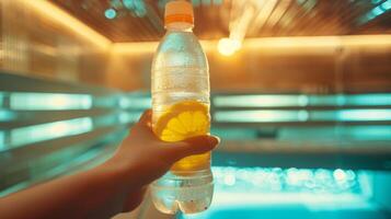 un persona participación un infusión de limón agua botella disfrutando un refrescante bebida mientras sentado en su infrarrojo sauna. quedarse hidratado es crucial durante invierno bienestar rutinas y el sauna foto