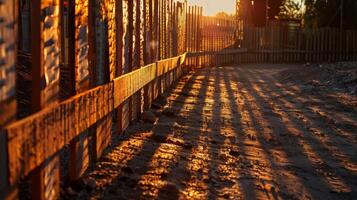 An artistic shot of a wooden fence adorned with construction notices casting a shadow on the ground as the sun sets behind it photo