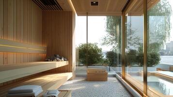 A modern minimalist sauna design featuring sleek lines and large windows bringing in natural light and a sense of openness to the urban space. photo