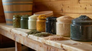 An array of natural body scrubs made with ingredients like seaweed and coconut oil sit on a table next to a sauna. photo