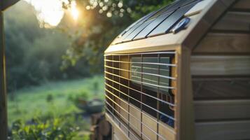 A portable sauna that can be powered by solar panels allowing for a sustainable and offthegrid sauna experience. photo