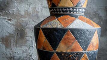 A mosaic mosaic vase with large ceramic tiles in warm tones forming a geometric pattern around the base. photo